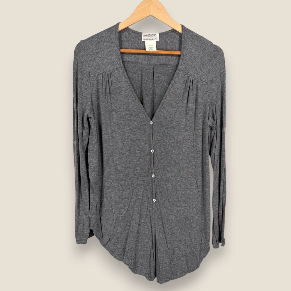 MSSP Max Studio Cardigan Women Small Gray V-Neck Button Down Knit Top Vintage